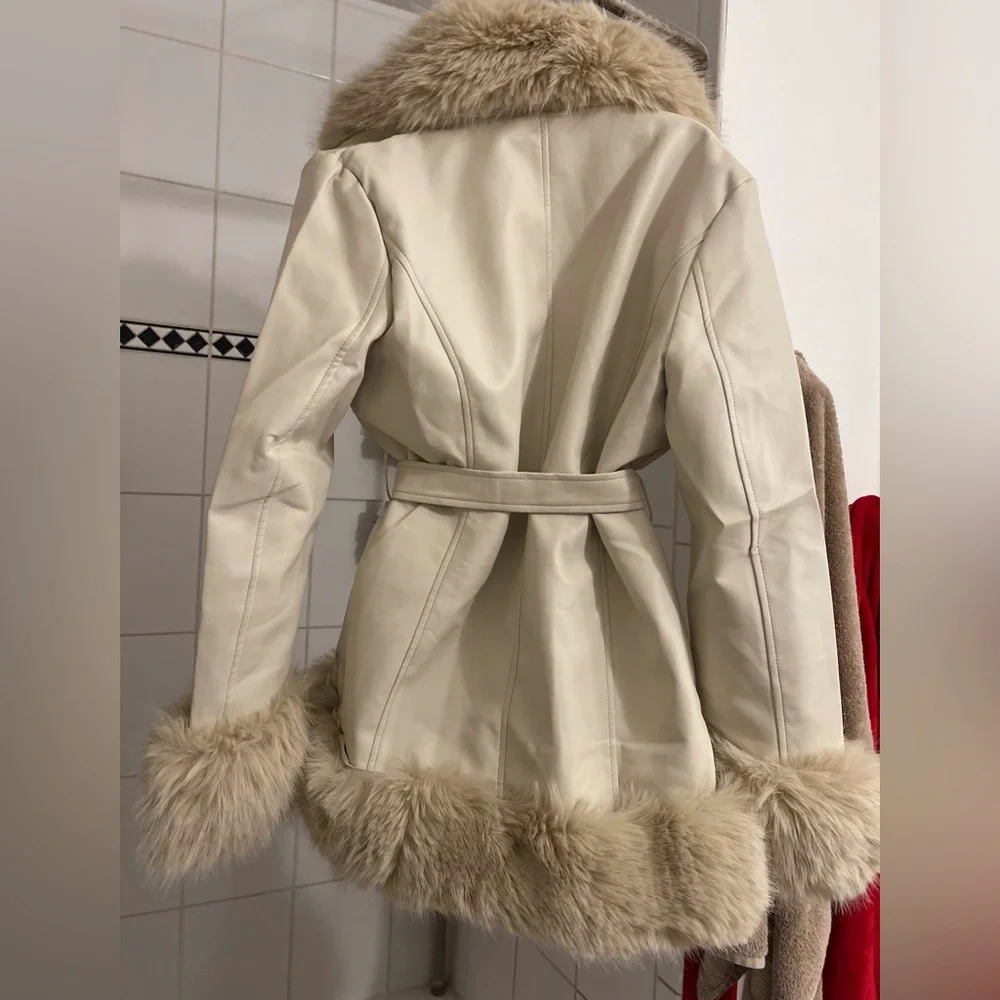 New Size Large Faux Leather Long Coat with Faux Fur Removable Trim, light beige - Picture 7 of 16